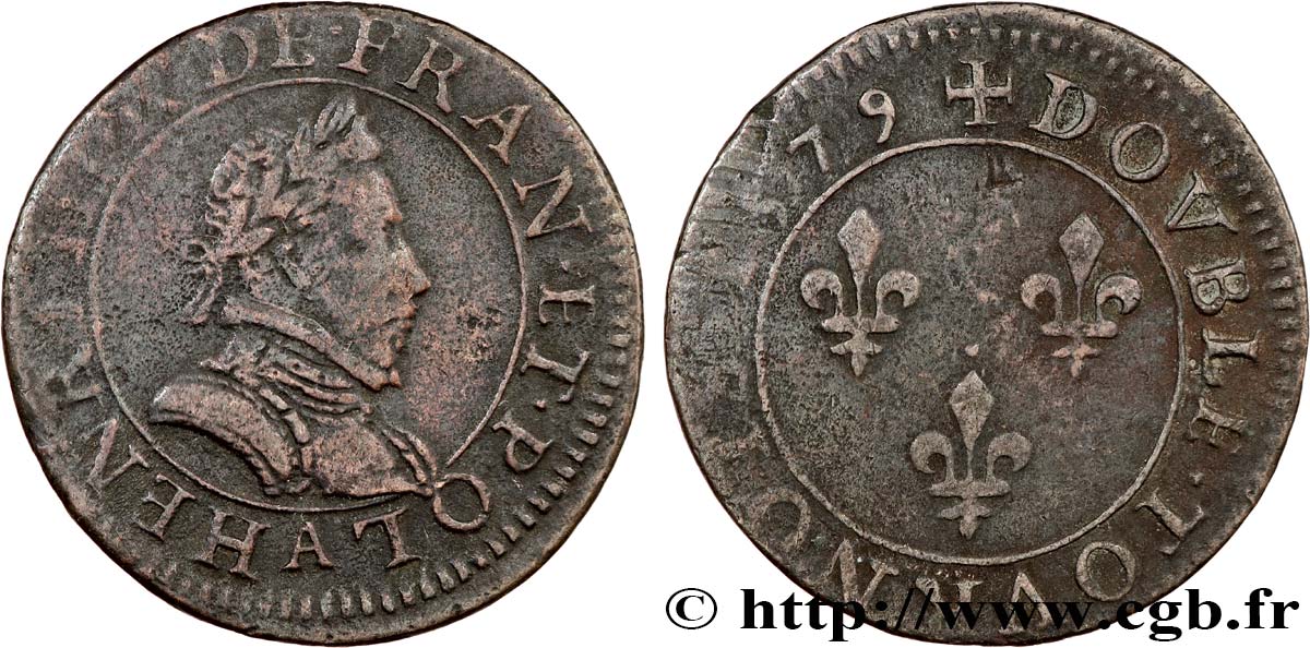 HENRI III Double tournois, 1er type de Paris 1579 Paris, Moulin des Étuves TB+