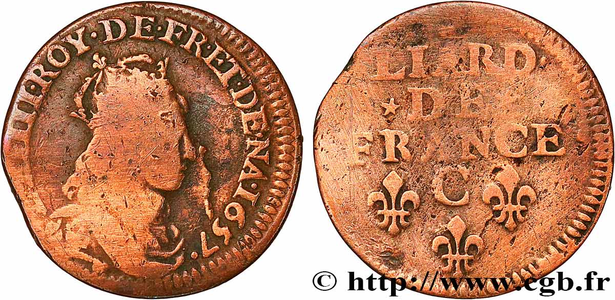 LOUIS XIV LE GRAND OU LE ROI SOLEIL Liard de cuivre, type 5 1657 Caen B+