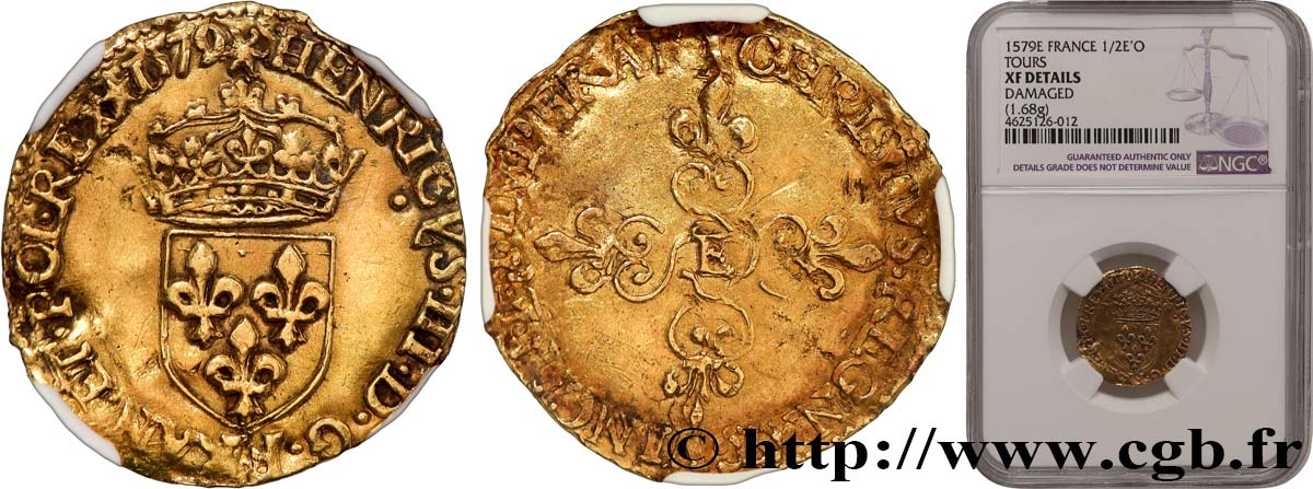 HENRY III Demi-écu d or au soleil, 3e type 1579 Tours MBC/BC+