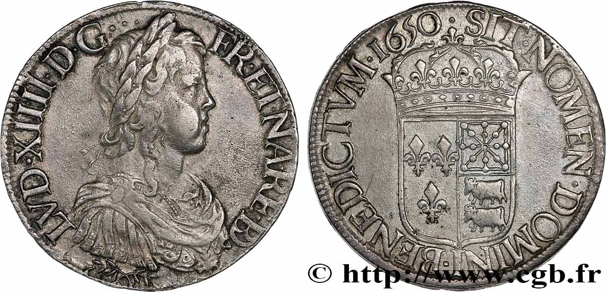 LOUIS XIV  THE SUN KING  Écu de Béarn, portrait à la mèche longue 1650 Pau MBC+