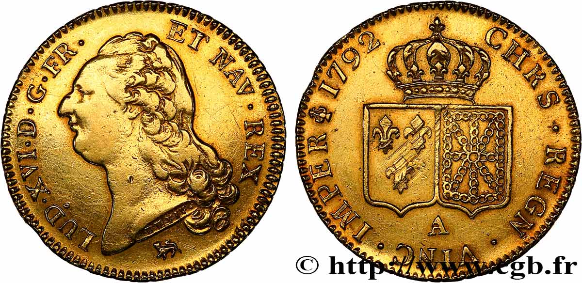 LOUIS XVI Double louis d’or aux écus accolés 1792 Paris SS/fVZ