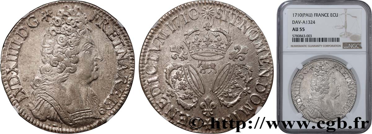 LOUIS XIV  THE SUN KING  Écu aux trois couronnes 1710 Pau SPL55