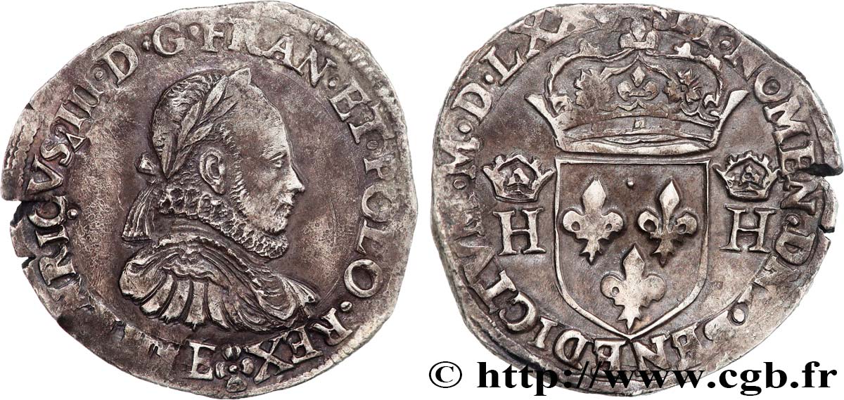 HENRY III Demi-teston, 3e type, col fraisé 1575 Tours AU/AU