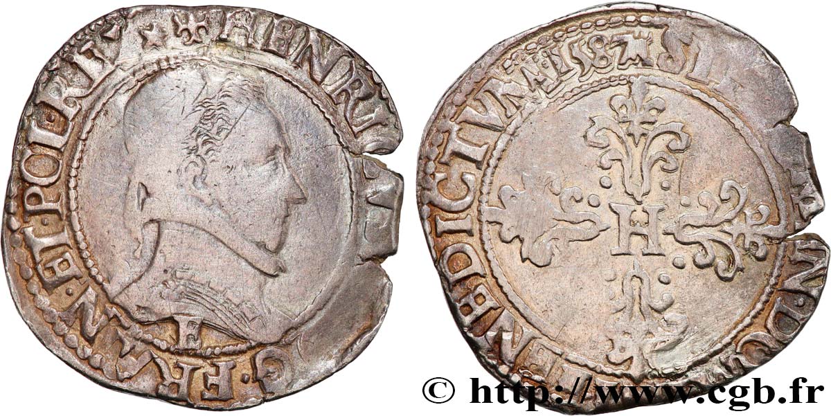 HENRY III Demi-franc au col plat 1587 Tours BC+/MBC