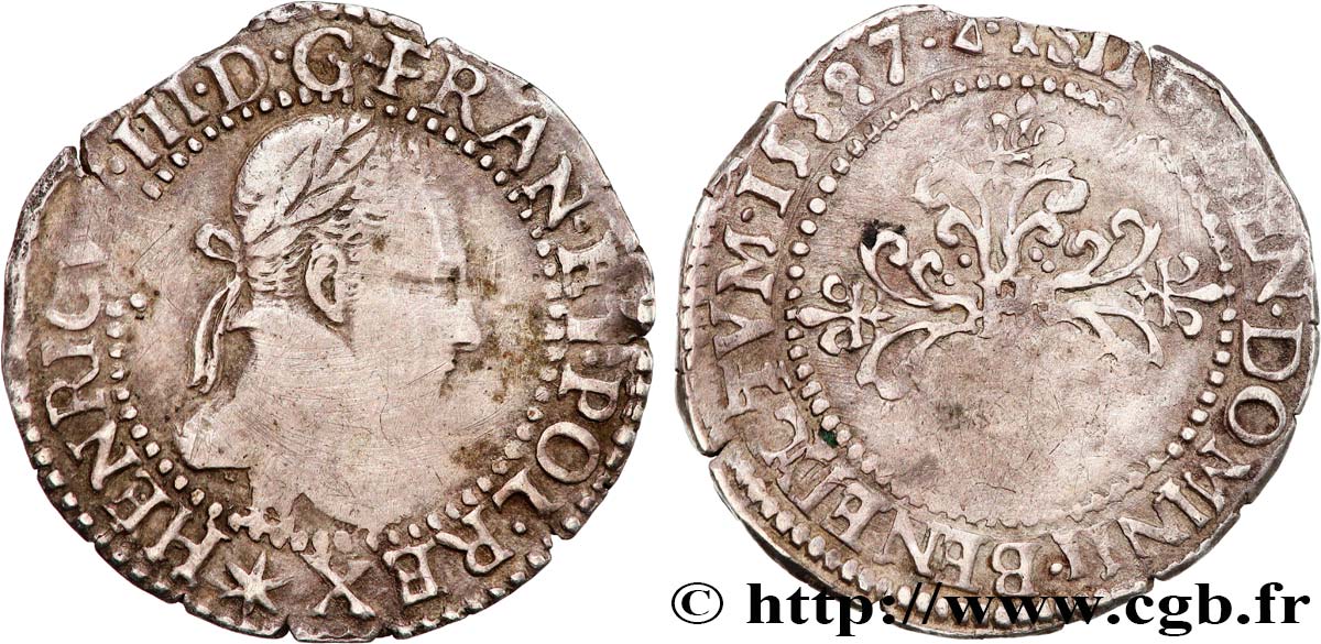 HENRY III Quart de franc au col plat 1587 Tours fSS