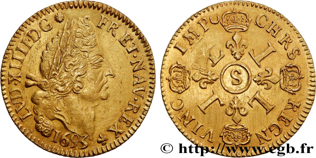 LOUIS XIV  THE SUN KING  Double louis d or aux quatre L 1693 Reims VZ