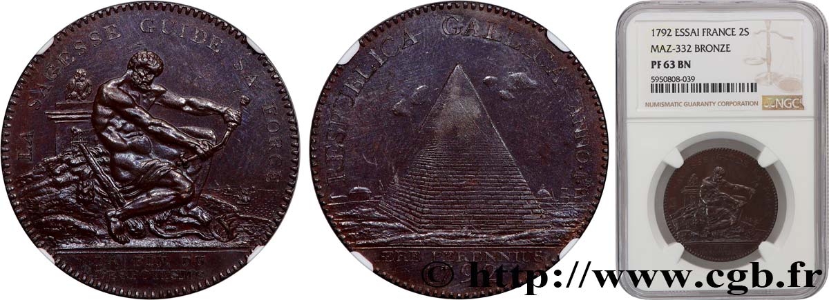 REVOLUTION COINAGE / CONFIANCE (MONNAIES DE…) Essai à la Pyramide, module de 2 sols 1792 Birmingham, Soho MS63