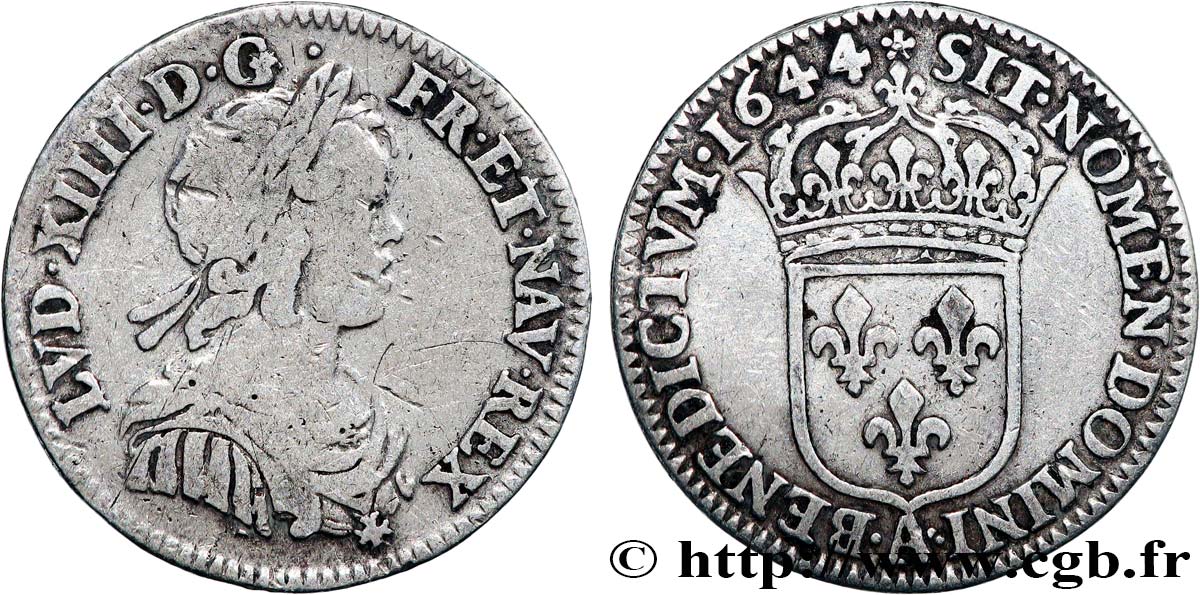 LOUIS XIV LE GRAND OU LE ROI SOLEIL Douzième d écu à la mèche courte 1644 Paris, Monnaie de Matignon TB/TB+