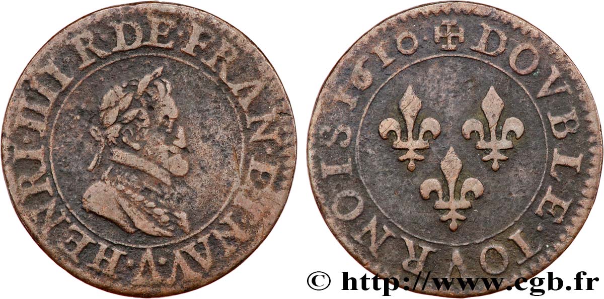 HENRI IV LE GRAND Double tournois, 2e type de Paris (légende française) 1610 Paris, Moulin des Étuves TB+