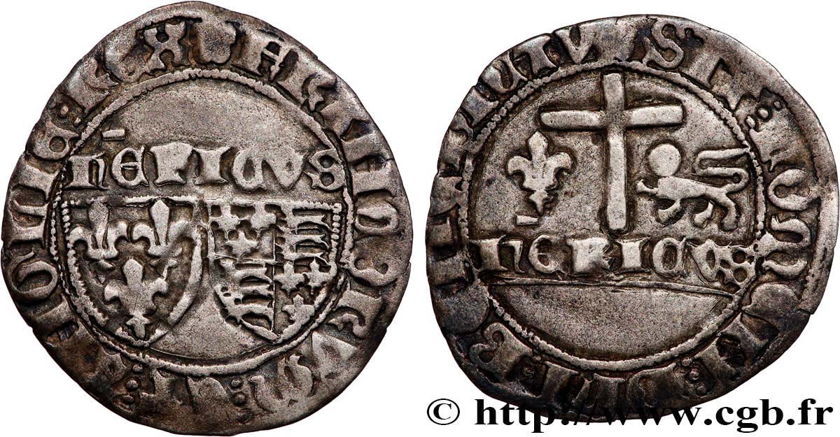 HENRY VI DE LANCASTRE - ROI DE FRANCE (1422-1453) - ROI D ANGLETERRE (1422-1461) et (1470-1471) Blanc aux écus n.d. Troyes TTB