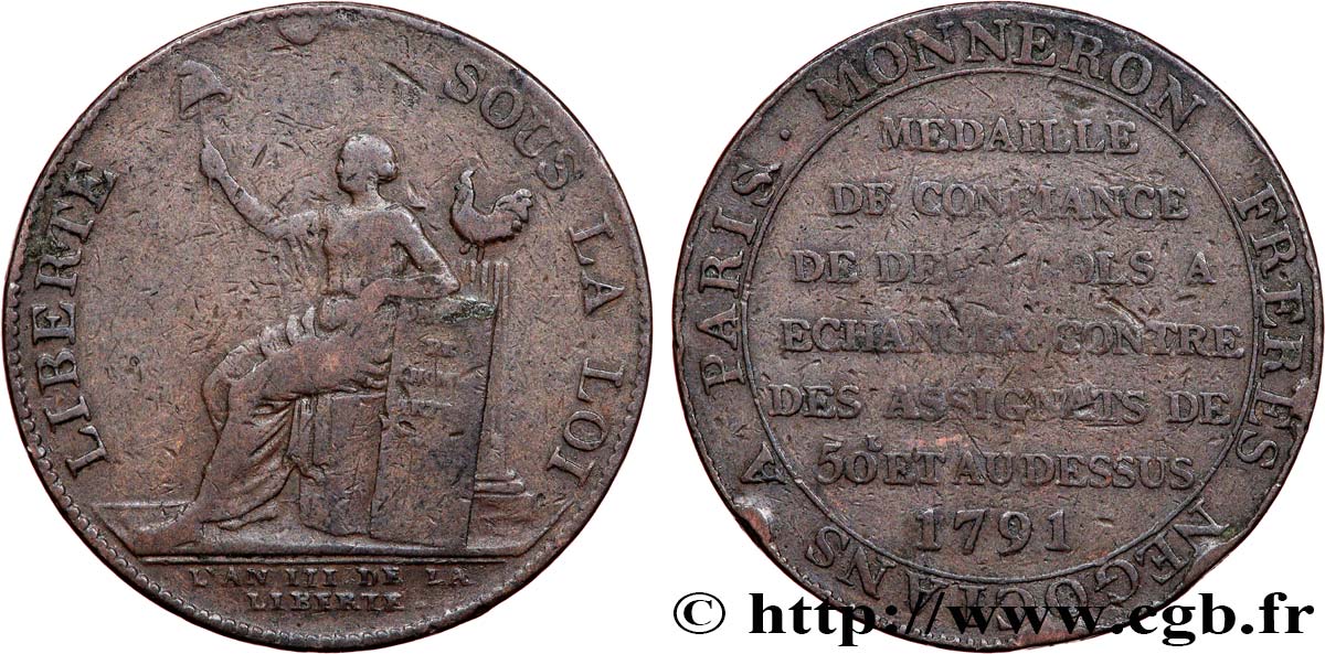 REVOLUTION COINAGE / CONFIANCE (MONNAIES DE…) Monneron de 2 sols à la Liberté 1791 Birmingham, Soho VF