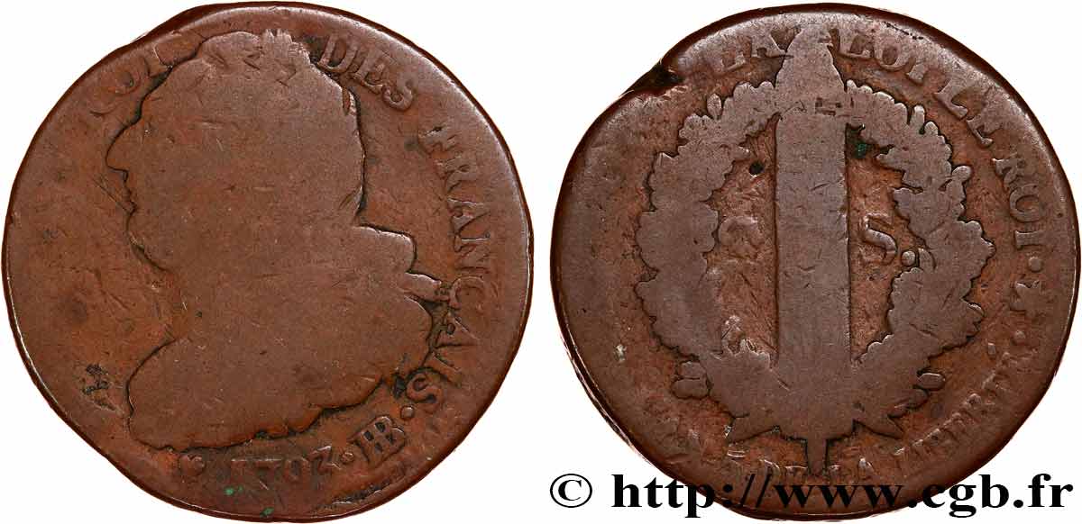 LOUIS XVI 2 sols dit  au faisceau , type FRANÇAIS 1793 Strasbourg F
