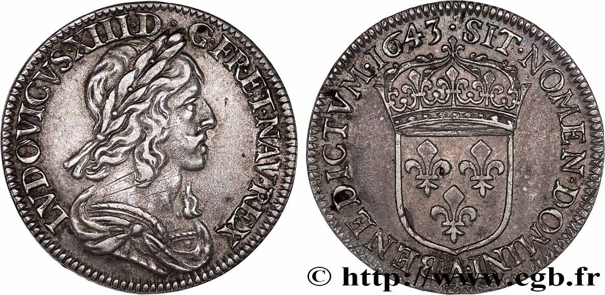 LOUIS XIII LE JUSTE Quart d écu d argent, 3e type, 2e poinçon de Warin 1643 Paris, Monnaie du Louvre TTB