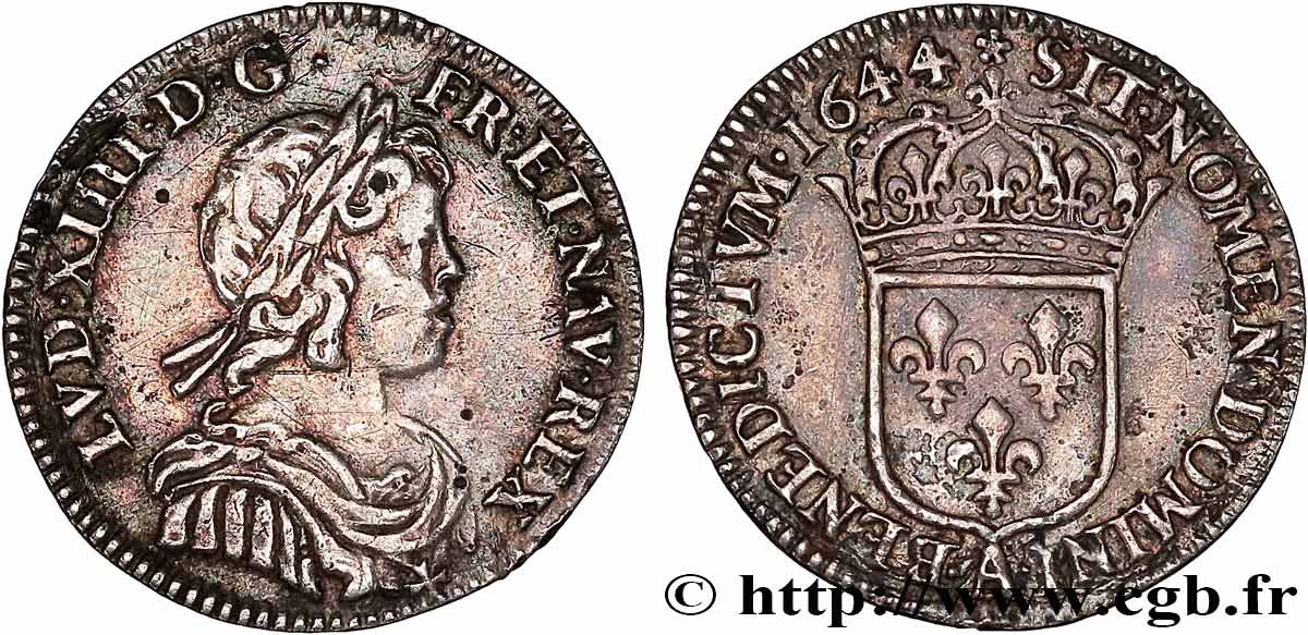 LOUIS XIV LE GRAND OU LE ROI SOLEIL Douzième d écu à la mèche courte 1644 Paris, Monnaie de Matignon TTB