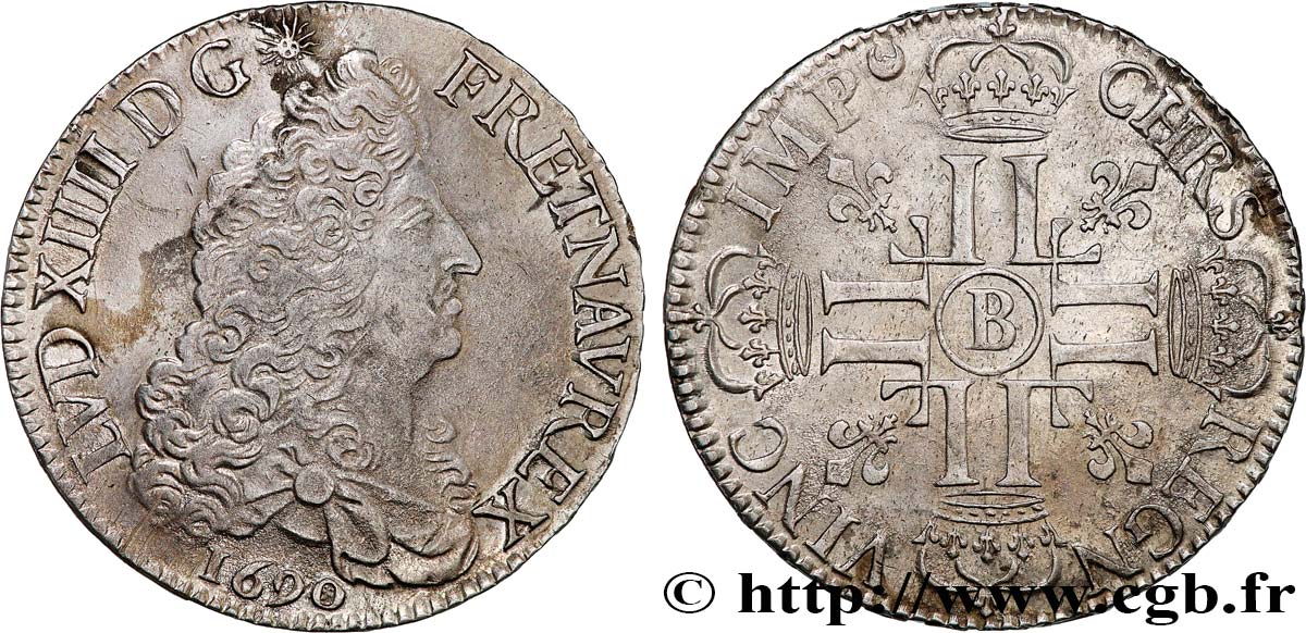 LOUIS XIV  THE SUN KING  Écu aux huit L, 1er type 1690 Rouen MBC+/EBC