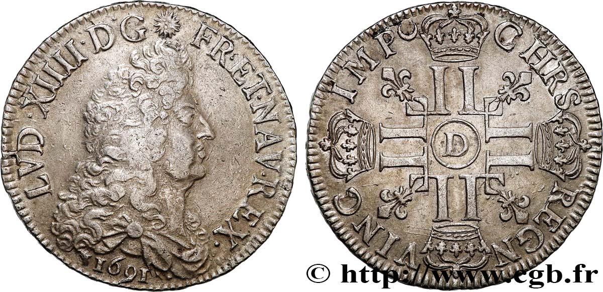 LOUIS XIV  THE SUN KING  Écu aux huit L, 1er type 1691 Lyon XF/AU