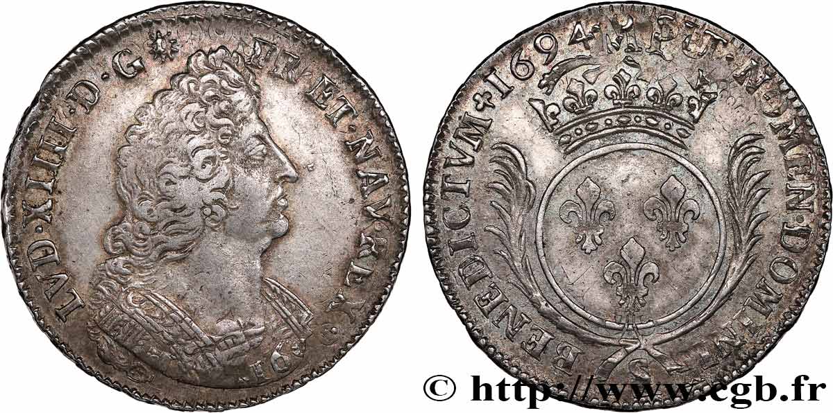 LOUIS XIV LE GRAND OU LE ROI SOLEIL Écu aux palmes 1694 Reims TTB