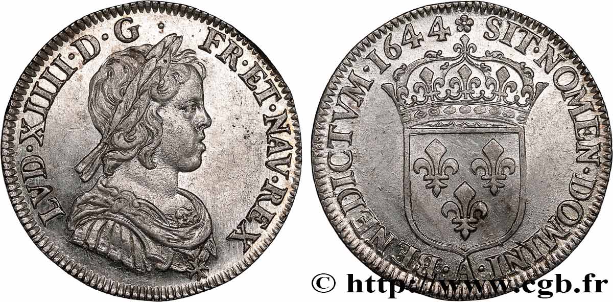 LOUIS XIV LE GRAND OU LE ROI SOLEIL Quart d écu, portrait à la mèche courte 1644 Paris, Monnaie de Matignon SUP