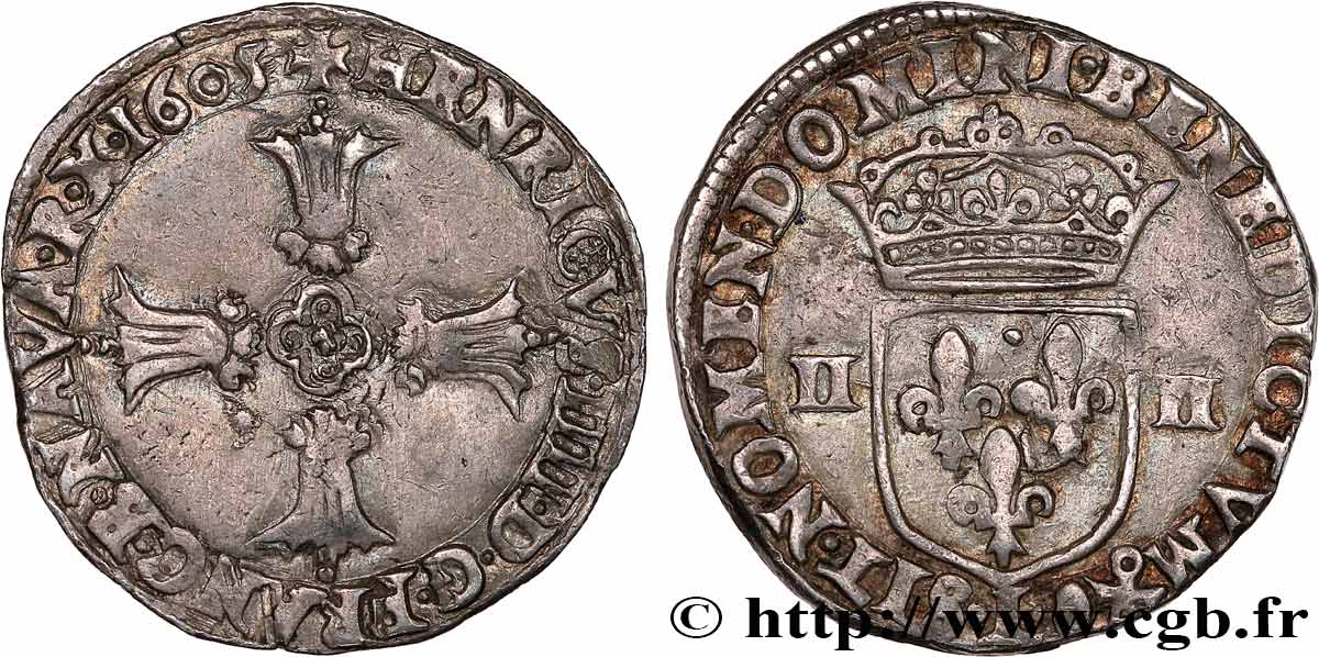 HENRI IV LE GRAND Quart d&nbsp;écu, croix feuillue de face 1605 Bayonne TTB