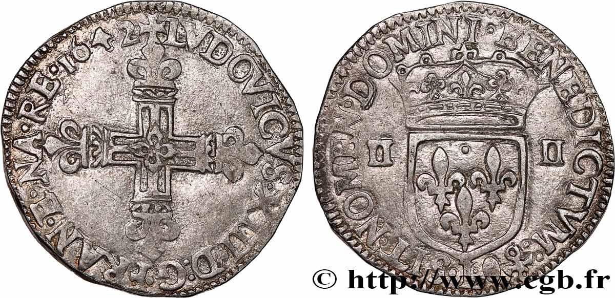 LOUIS XIII  Quart d écu, à la croix fleurdelisée, titulature côté croix 1642 Bayonne MBC+