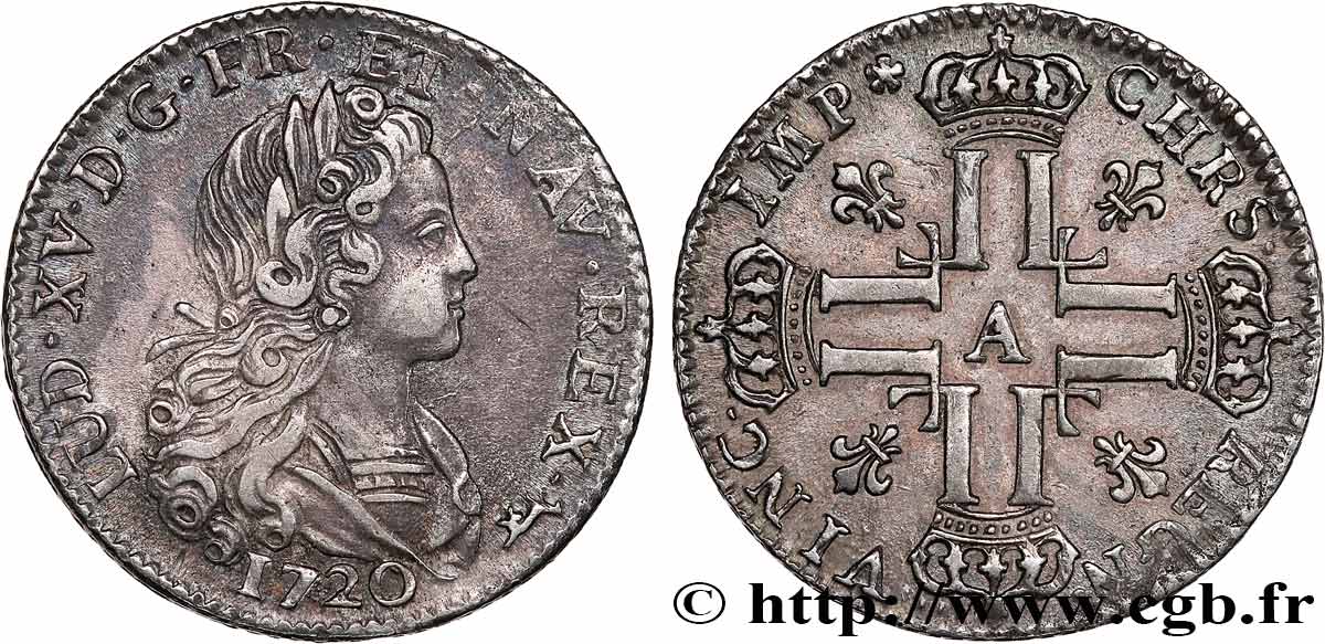LOUIS XV  THE WELL-BELOVED  Louis d’argent à la croix aux huit L couronnées 1720 Paris XF