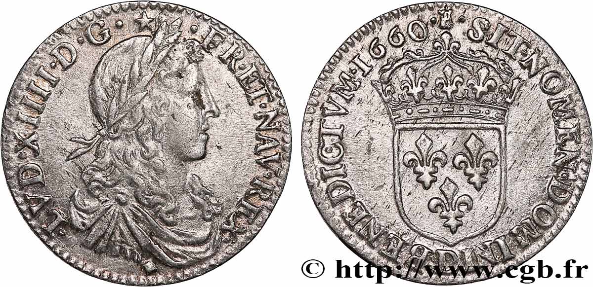 LOUIS XIV LE GRAND OU LE ROI SOLEIL Douzième d écu, portrait apollinien 1660 Lyon TTB