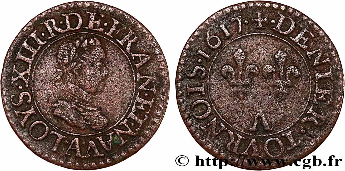 LOUIS XIII LE JUSTE Denier tournois, type 1 1617 Paris TTB
