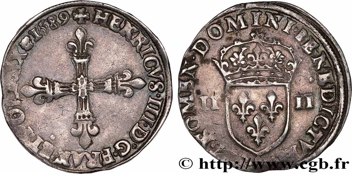 HENRI III Quart d écu, croix de face 1589 Paris TTB