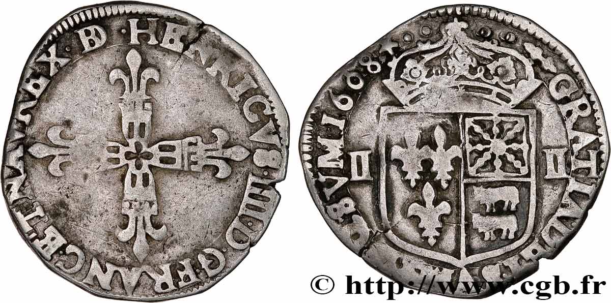 HENRI IV LE GRAND Quart d écu de Béarn 1608 Pau TTB