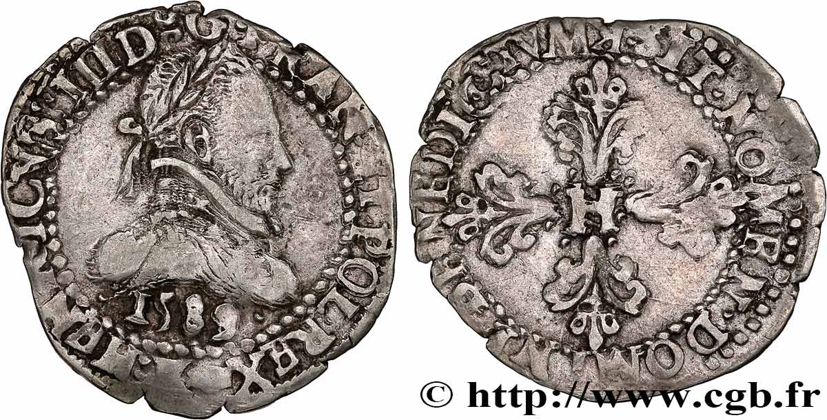 HENRI III Quart de franc au col plat 1589 Bordeaux TB+