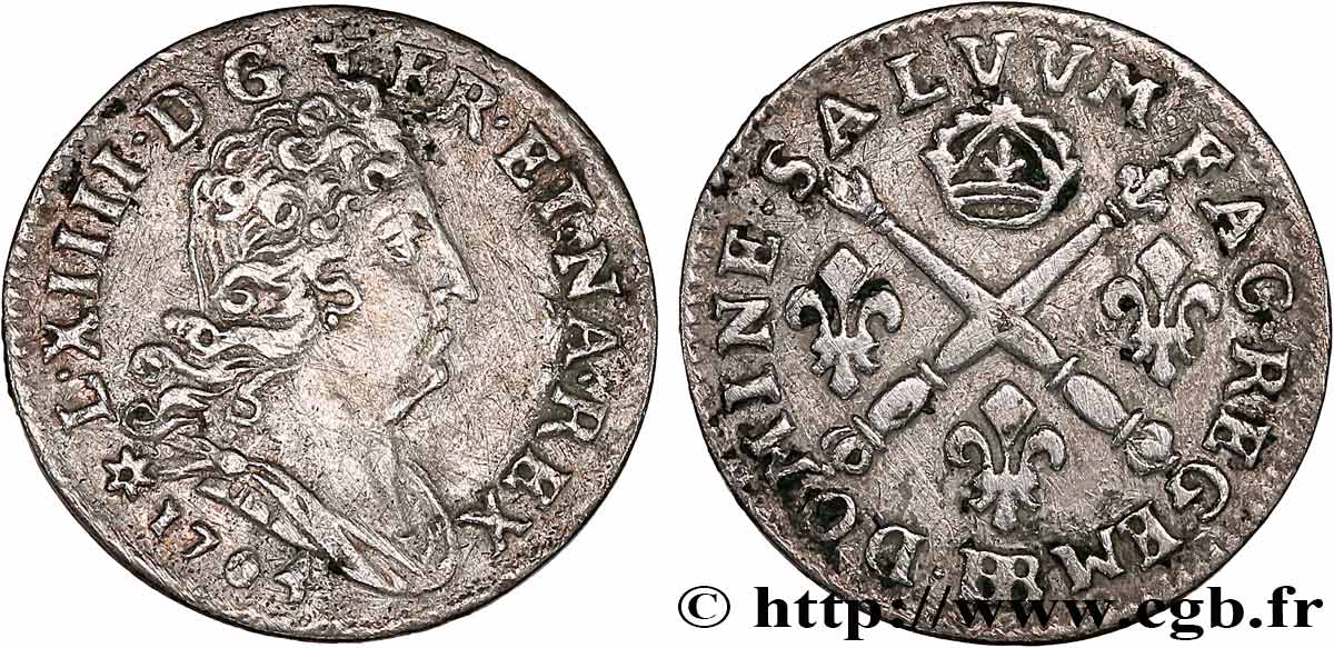 LOUIS XIV  THE SUN KING  Cinq sols aux insignes 1704 Strasbourg XF