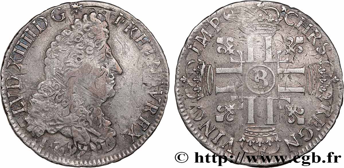 LOUIS XIV  THE SUN KING  Demi-écu aux huit L, 1er type 1691 Rouen BC+/MBC
