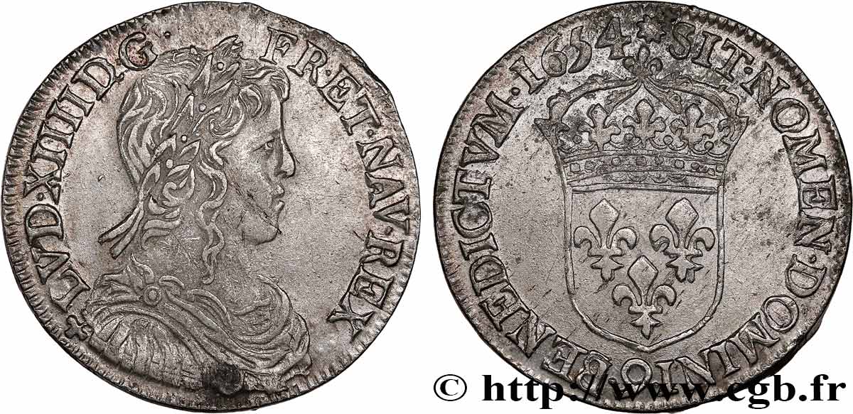 LOUIS XIV  THE SUN KING  Demi-écu, portrait à la mèche longue 1654 Rennes q.SPL