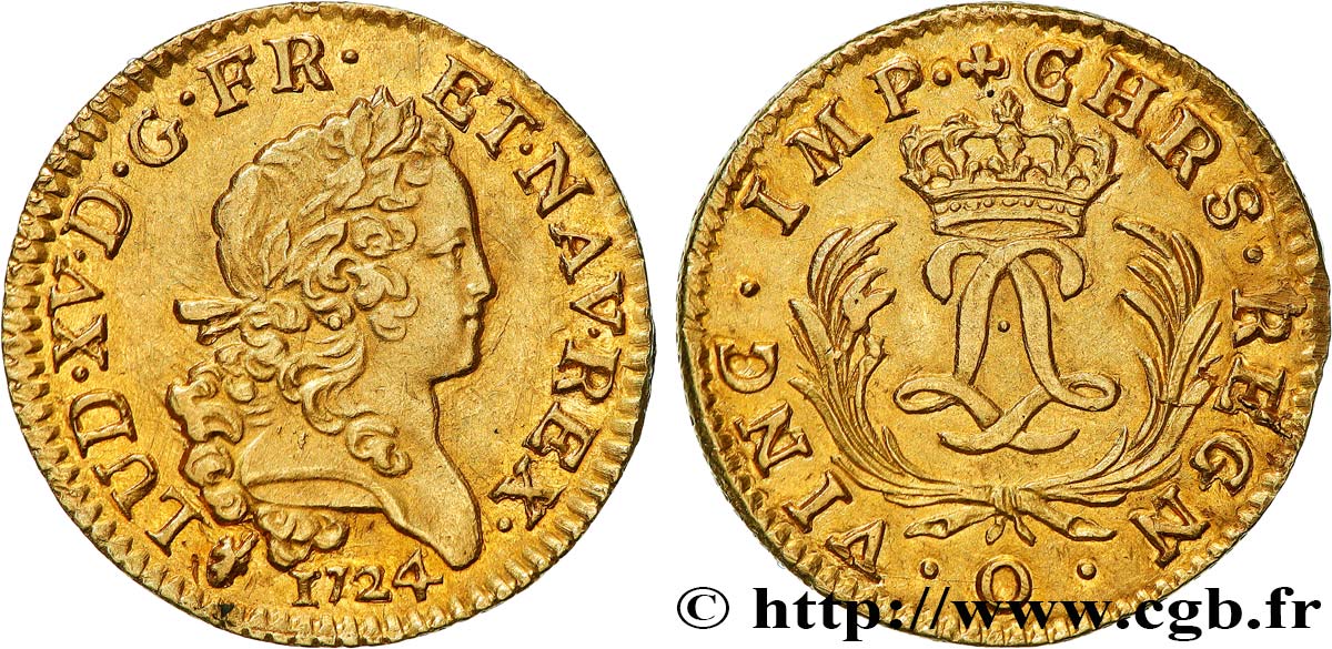 LOUIS XV  THE WELL-BELOVED  Louis d or aux deux L entrelacées et aux palmes longues 1724 Riom AU