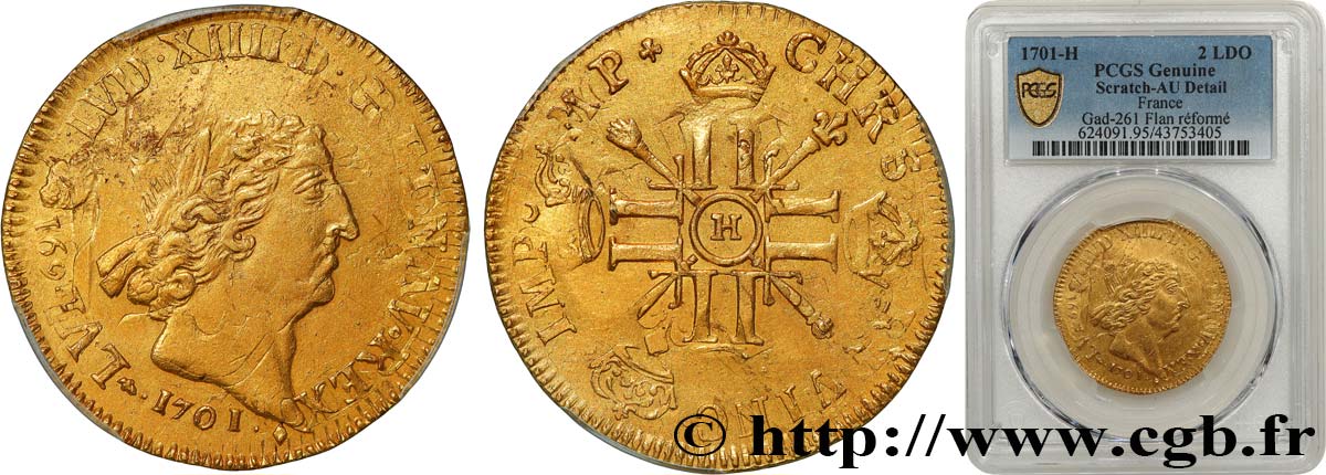 LOUIS XIV  THE SUN KING  Double louis d or aux huit L et aux insignes 1701 La Rochelle EBC