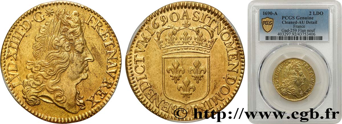 LOUIS XIV LE GRAND OU LE ROI SOLEIL Double louis d or à l écu 1690  Paris SUP