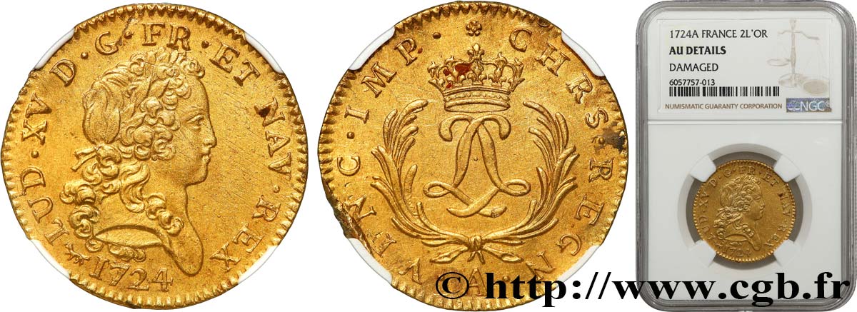 LOUIS XV  THE WELL-BELOVED  Double louis d’or aux deux L entrelacées et aux palmes 1724 Paris AU