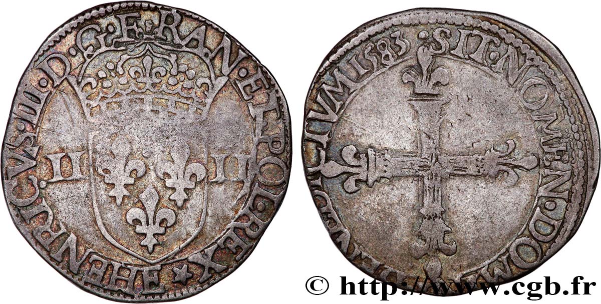 HENRI III Quart d écu, écu de face 1583 Tours TTB/TB+