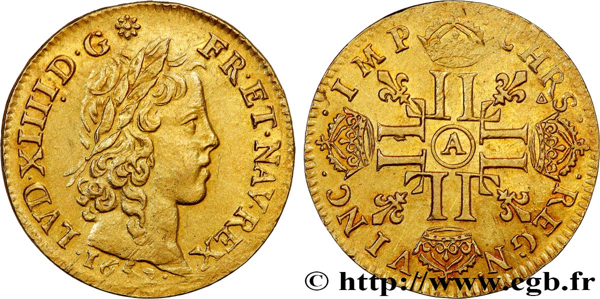 LOUIS XIV  THE SUN KING  Louis d’or aux huit L, portrait à la mèche longue 1652 Paris SPL