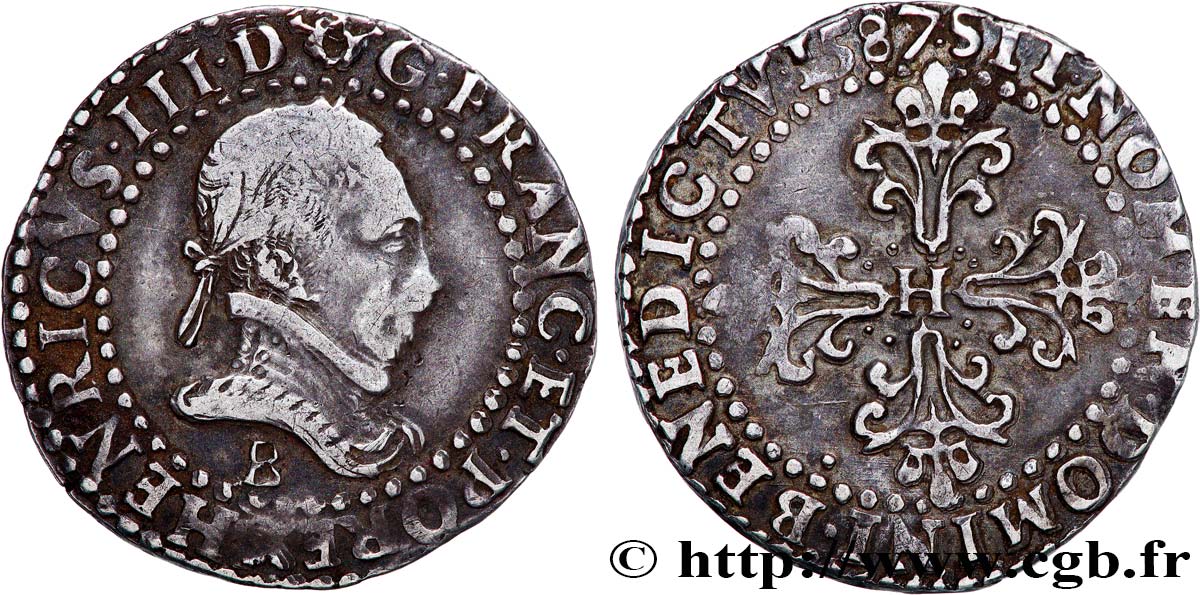 HENRY III Quart de franc au col plat 1587 Rouen XF/AU