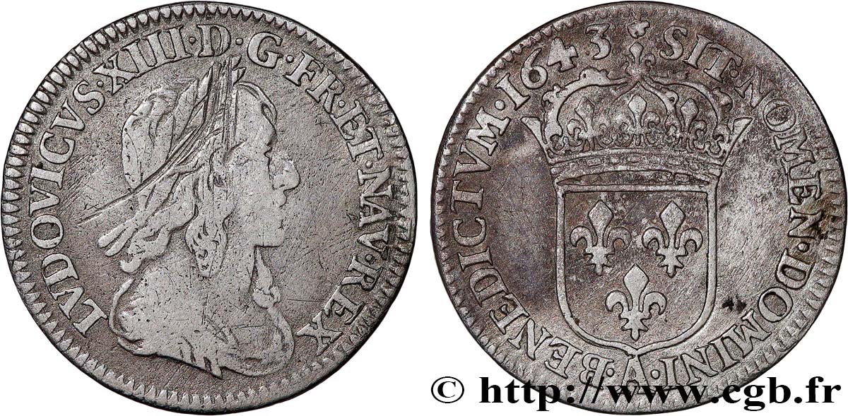 LOUIS XIII  Douzième d écu, buste drapé et cuirassé (2e buste de Jean Warin) 1643 Paris, Monnaie de Matignon BC/BC+