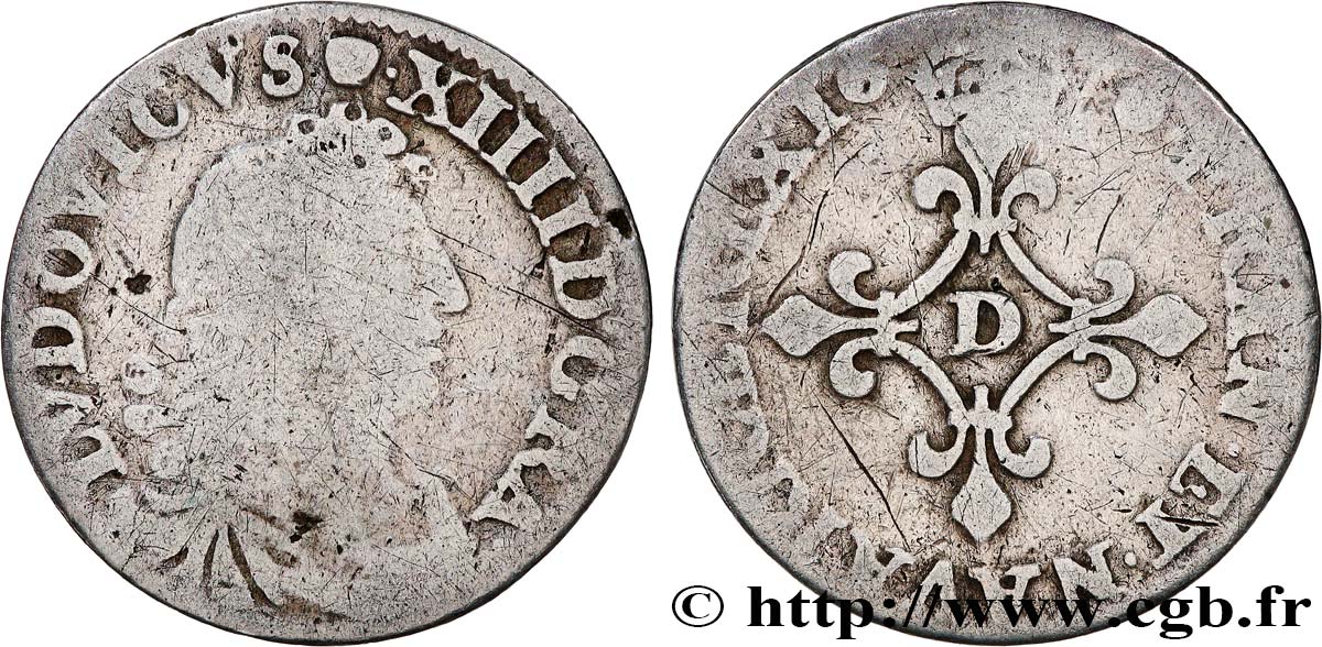 LOUIS XIV &nbsp;THE SUN KING&nbsp; Quatre sols à la croix formée de lis 1676 Vimy-en-Lyonnais (actuellement Neuville-sur-Saône) MB