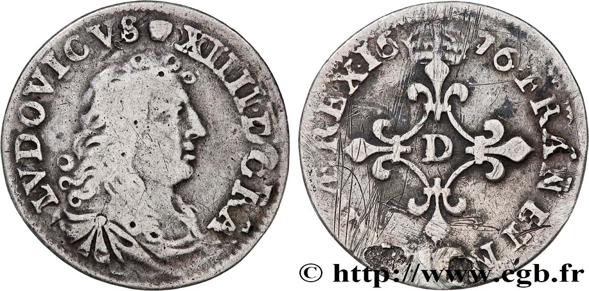 LOUIS XIV LE GRAND OU LE ROI SOLEIL Quatre sols à la croix formée de lis 1676 Vimy-en-Lyonnais (actuellement Neuville-sur-Saône) TB