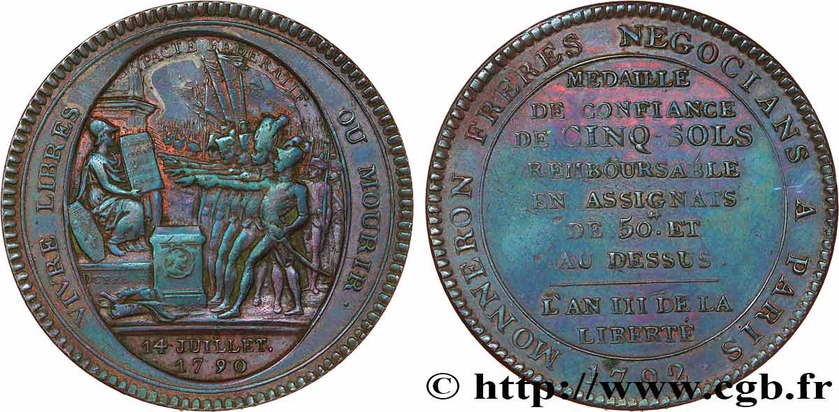 CONFIANCE (MONNAIES DE...) Monneron de 5 sols au serment (An III) 1792 Birmingham, Soho TTB