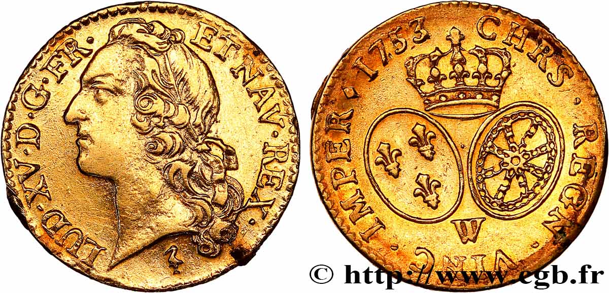 LOUIS XV  THE WELL-BELOVED  Louis d’or aux écus ovales, tête ceinte d’un bandeau 1753 Lille XF/AU