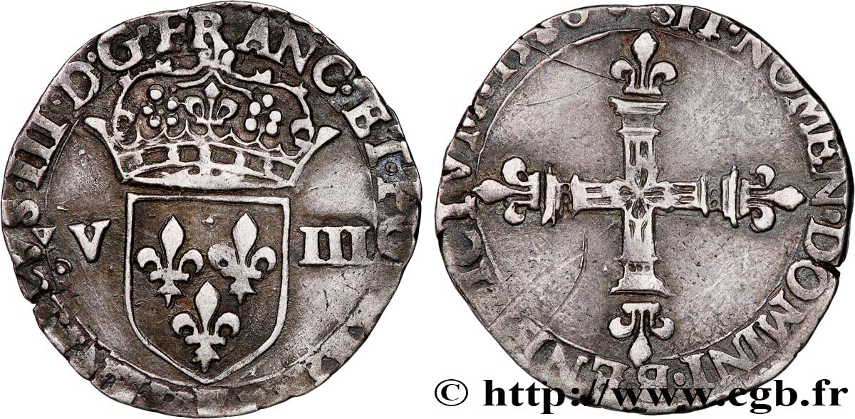 HENRI III Huitième d écu, écu de face 1580 Tours TTB