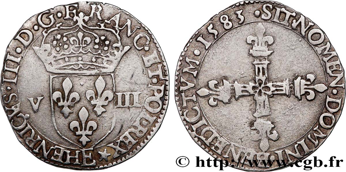 HENRY III Huitième d écu, écu de face 1583 Tours BB