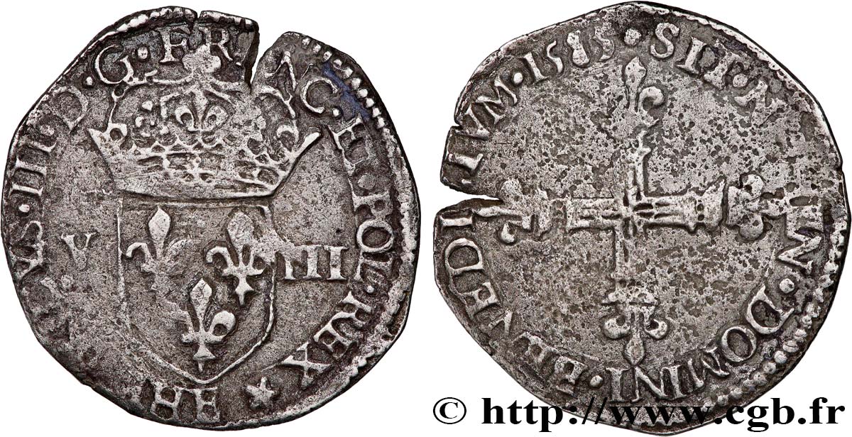 HENRI III Huitième d écu, écu de face 1585 Tours TB+