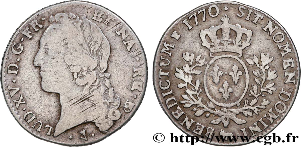 LOUIS XV DIT LE BIEN AIMÉ Cinquième d’écu aux branches d’olivier, tête ceinte d’un bandeau 1770 Pau TB