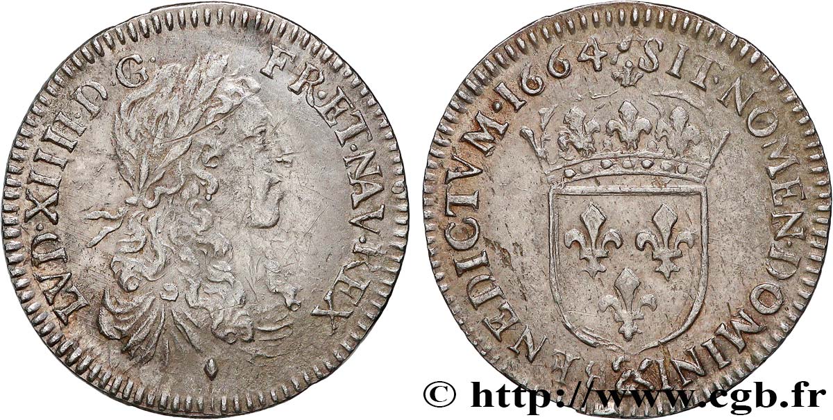 LOUIS XIV  THE SUN KING  Douzième d écu, portrait apollinien 1664 Aix-en-Provence XF
